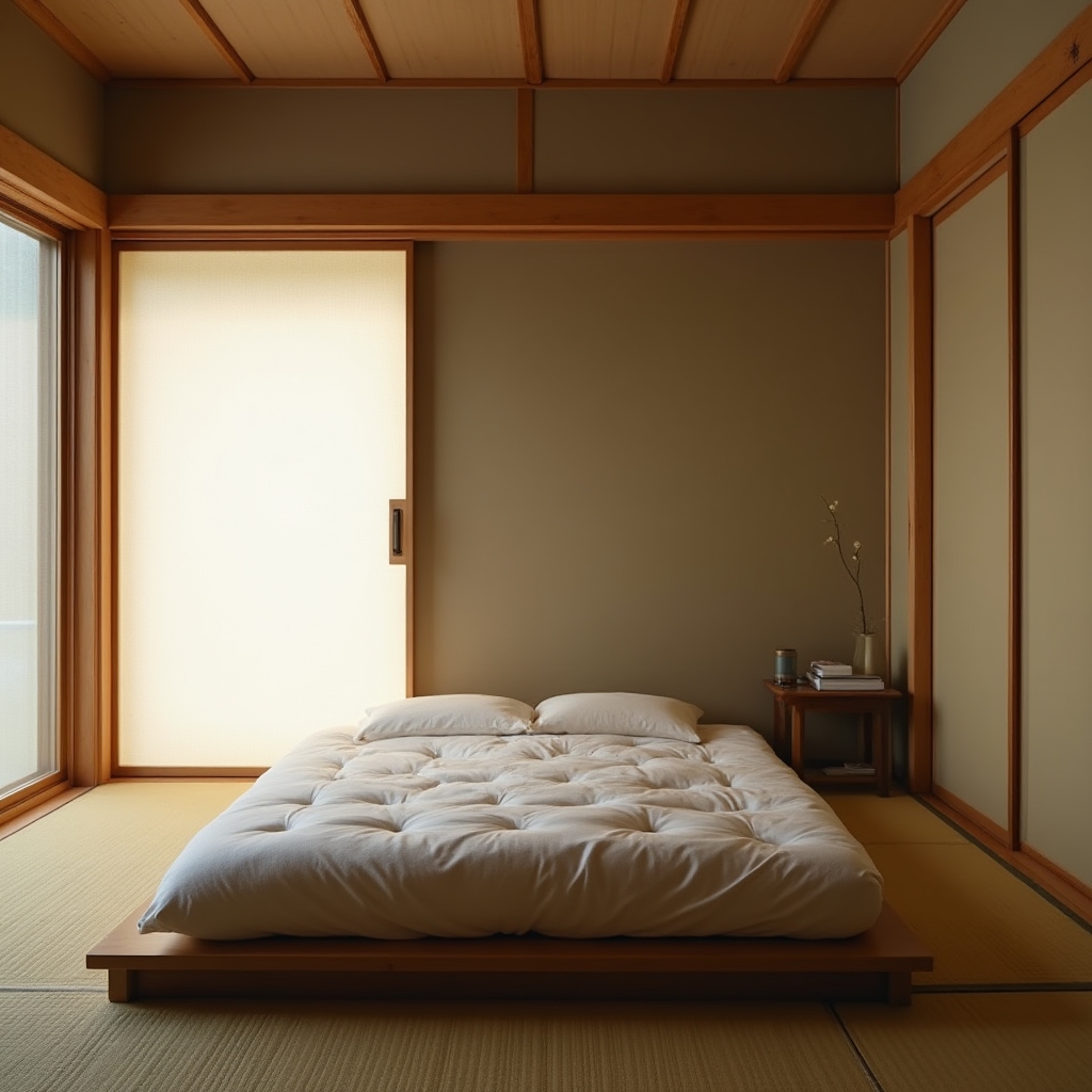 Minimalistisches japanisches Zimmer mit Tatami und niedrigem Möbel